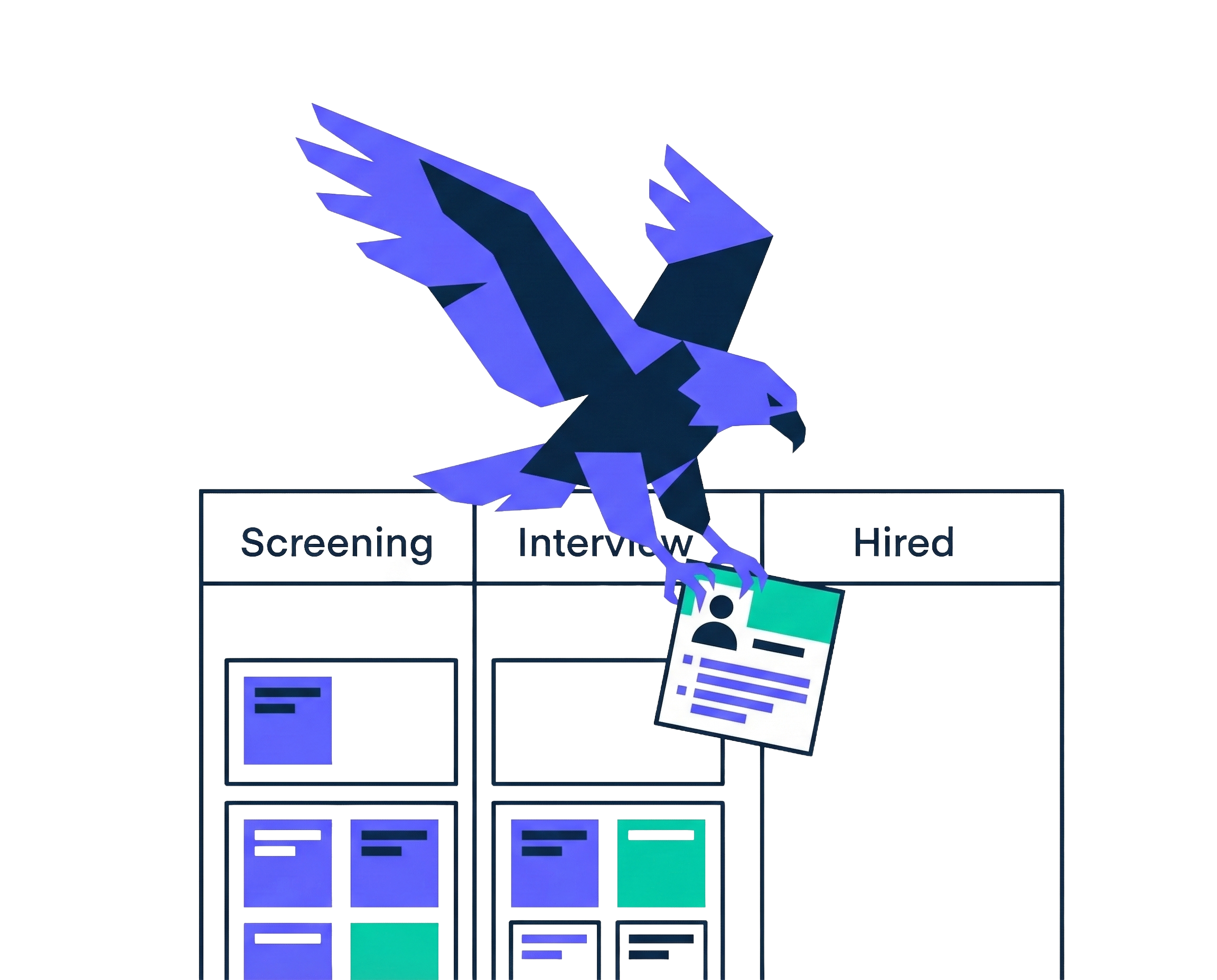 Eagle perched on kanban board dragging a candidate card between stages